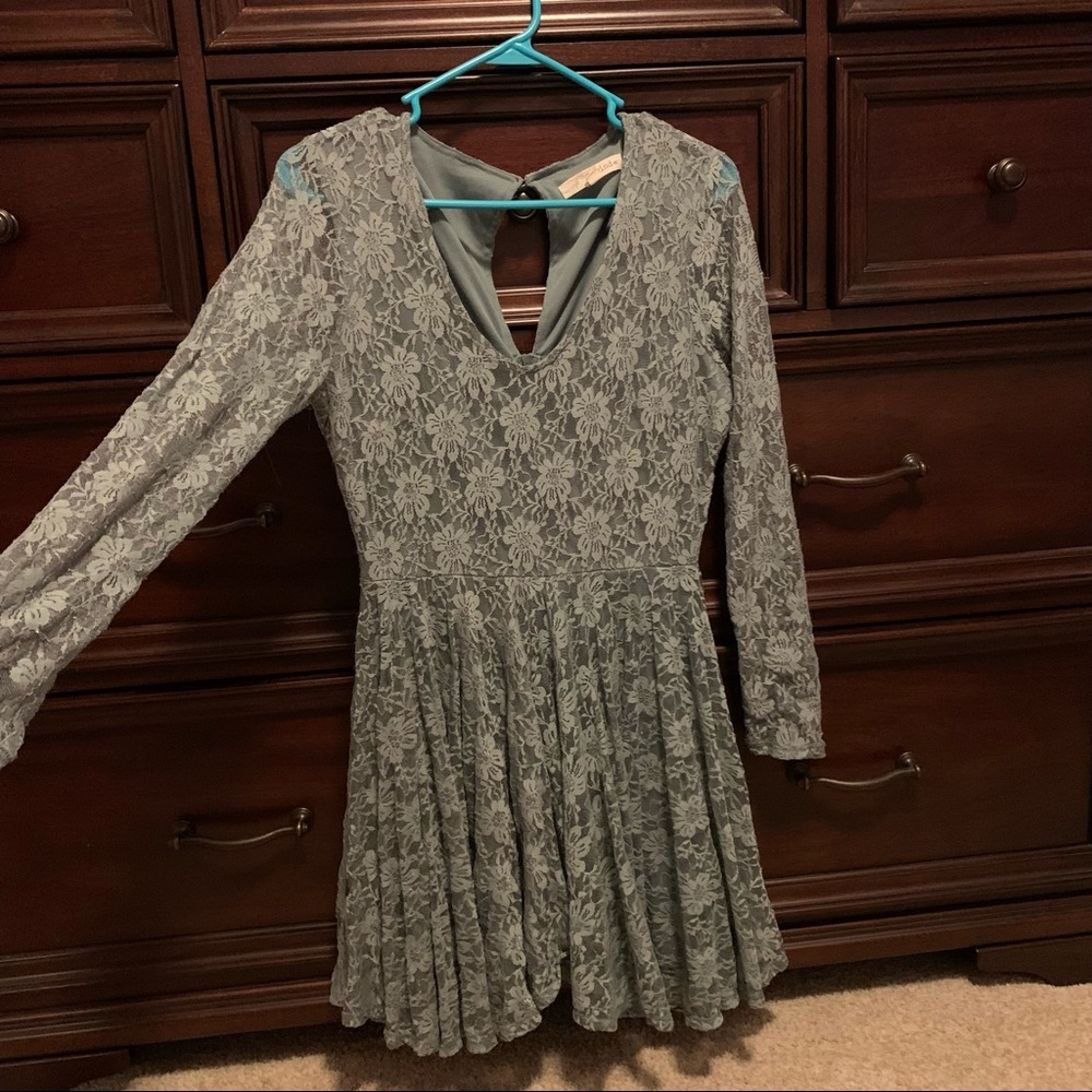 Rewind teal lace A line dress with v neck